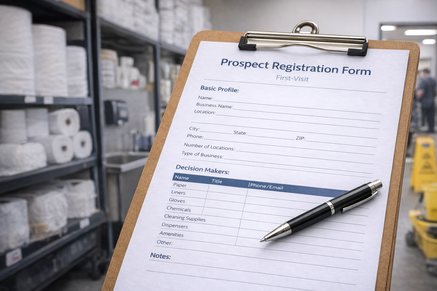 Prospect registration form for first visit with notes on opportunities and existing products